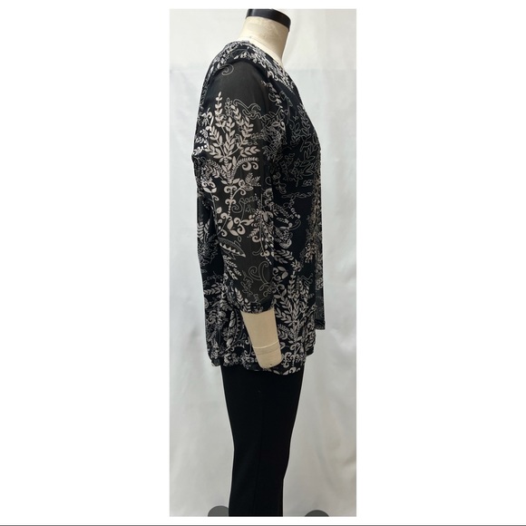 CJ Banks Black Multicolor Embellished 3/4 Sleeve Knit Printed Mesh Blouse - Picture 7 of 15